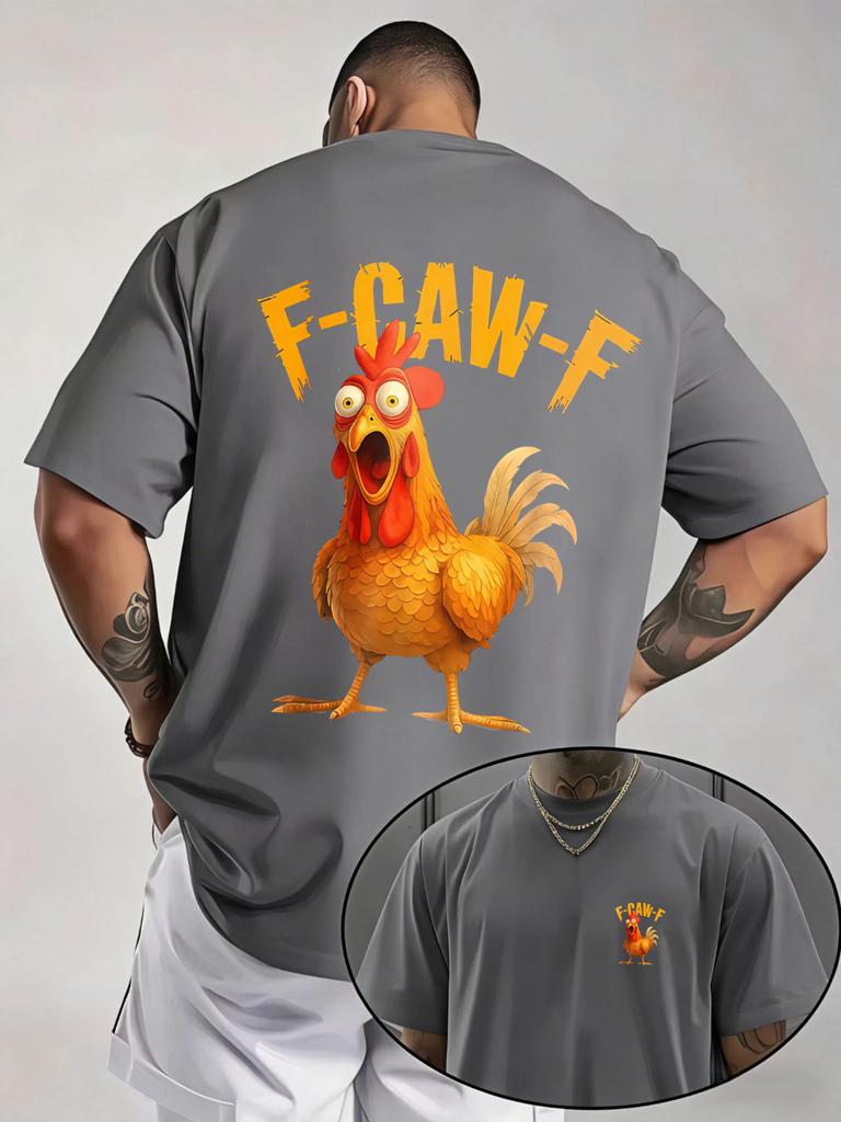 Navy Unisexs Tee Cartoon Rooster F Caw F Letter Print Crew Neck Cotton Short Sleeve Humor Male Street Summer Soft Daily Casual Wear