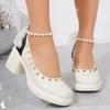 Plus Size 2025 Classics Women's High Heels String Bead Buckle Strap Bow Tie Rivet Chunky Heel Pumps for Mixed Color Dress Office