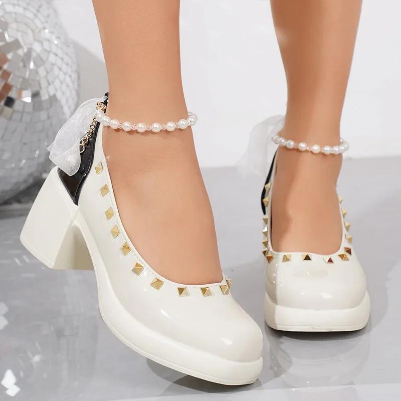 Plus Size 2025 Classics Women's High Heels String Bead Buckle Strap Bow Tie Rivet Chunky Heel Pumps for Mixed Color Dress Office