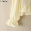 VONDA Women Lace Lapel Neck Long Sleeve Ruffled Pleating Casual Elegant Blouse