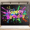 2D Colorful Paint Splatter Happy Birthday Backdrop Banner, Black Brick Wall Style