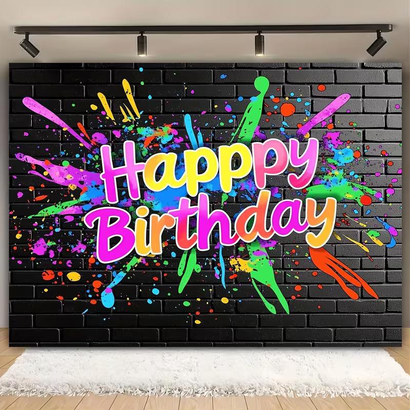 2D Colorful Paint Splatter Happy Birthday Backdrop Banner, Black Brick Wall Style