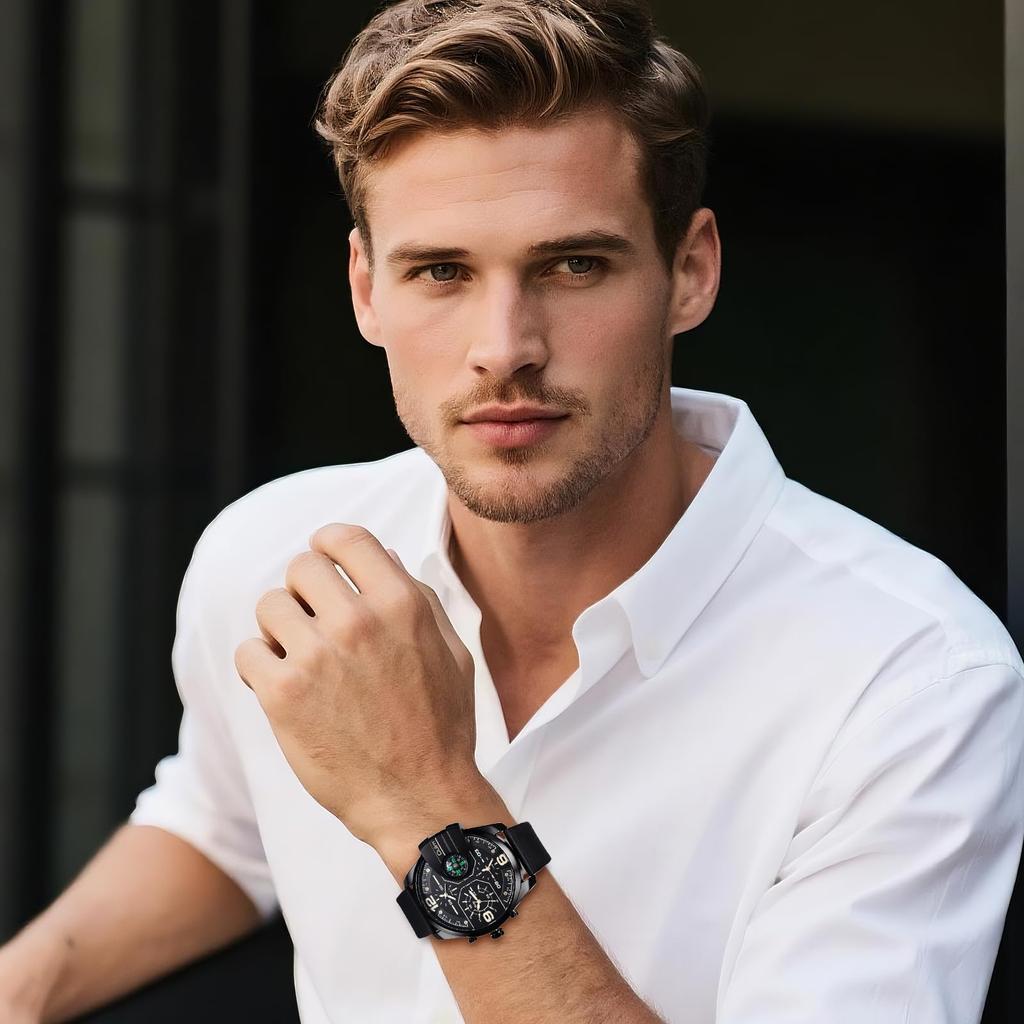 Men's Watch PU Leather Band 3 Time Zone Display Analog Display Quartz Waterproof Compass Design Large Dial Sports Watch Outdoor Easy To Read Casual