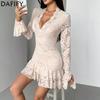DAFIFY Women's Fashion Spring Fall Solid Color Print Long Sleeve V-Neck High Waist Casual Dresses