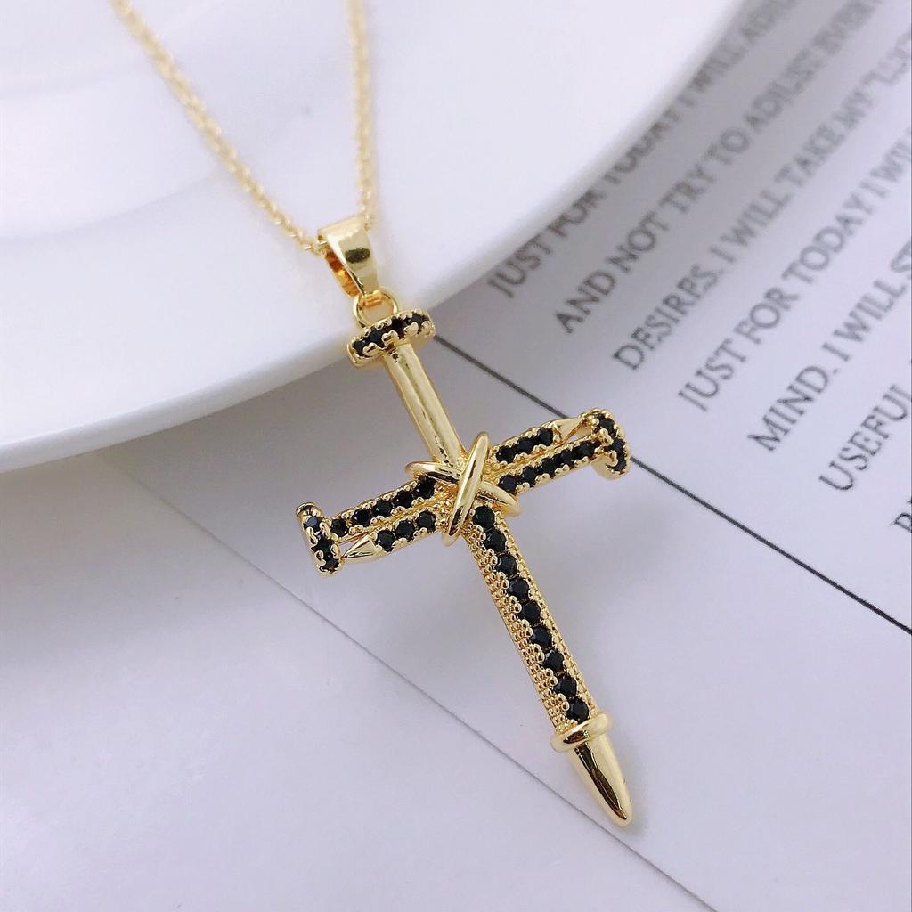 Micro-Set Zircon Cross Pendant 14K Gold Chain Necklace Delicate Daily Wear Nail Charm