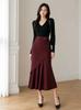 Women's High Waist Black Mermaid Skirt Spring Autumn Elegant Slim Fit Ruffle Hem Skirt