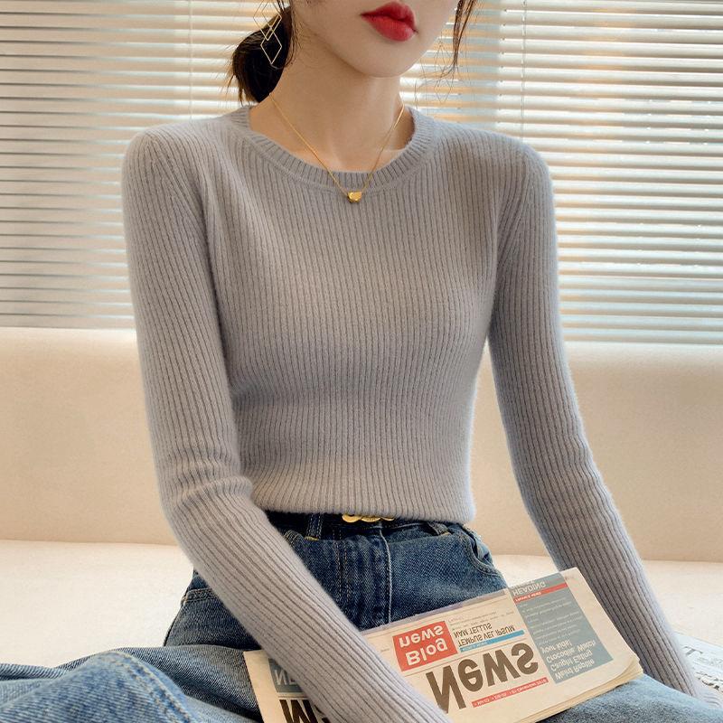 Nová jarní a podzimní košile s kulatým výstřihem Dámský pulovr Slim Sladký úplet Krátký top s dlouhým rukávem