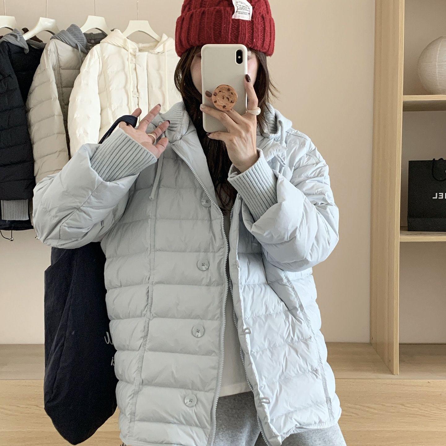 

Женский пуховик средней длины в корейском стиле со съемной вязаной шапкой - 2025 Зимнее пальто из теплого белого утиного пуха S 90-125 lbs синий