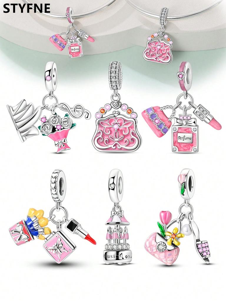 Charms Plata Pink Bag Cosmetics Beads Charm Copper Plated Fit Charms Copperoriginal Bracelet For Jewelry Making Diy Charm