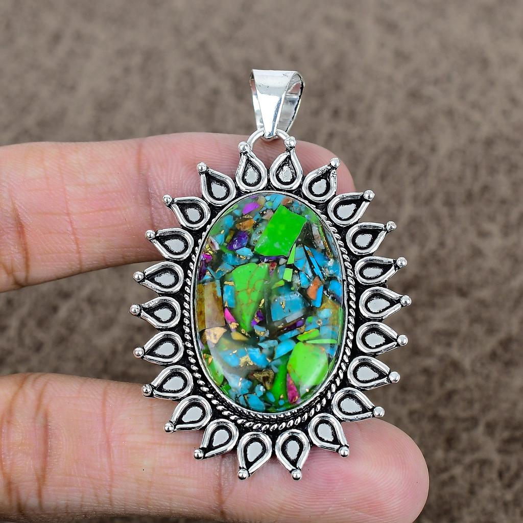 Copper Green Turquoise Gemstone 925 Sterling Silver Jewelry Pendant 2.44" KKG-733