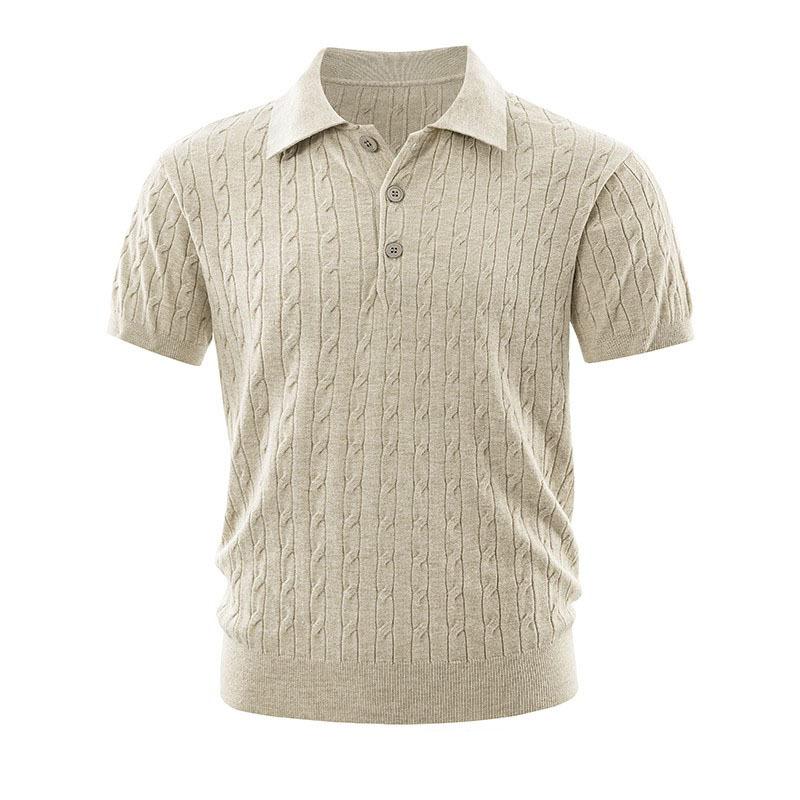 Men Business Casual Cable Knit Short Sleeve Collared Polo Shirt