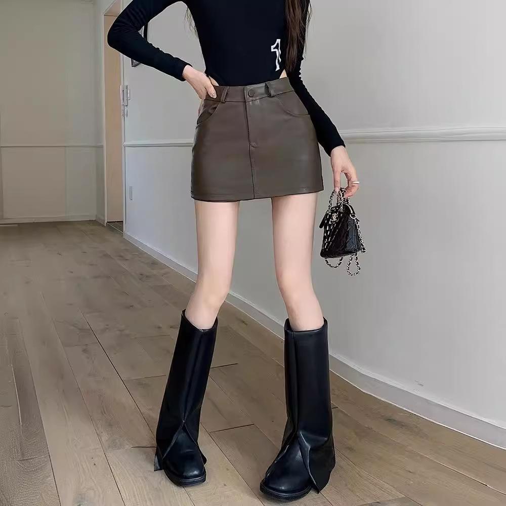 Autumn/Winter High-Waist Coffee Leather Midi Skirt for Women - Slimming Bodycon with Anti-Exposure Shorts