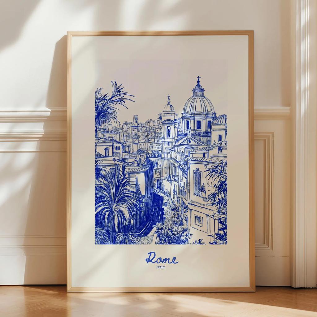 City Travel Poster, Retro Italy Print, Navy Blue Trendy Wall Art, Hand Drawn Sketch, summer beach poster, Home Decor Art