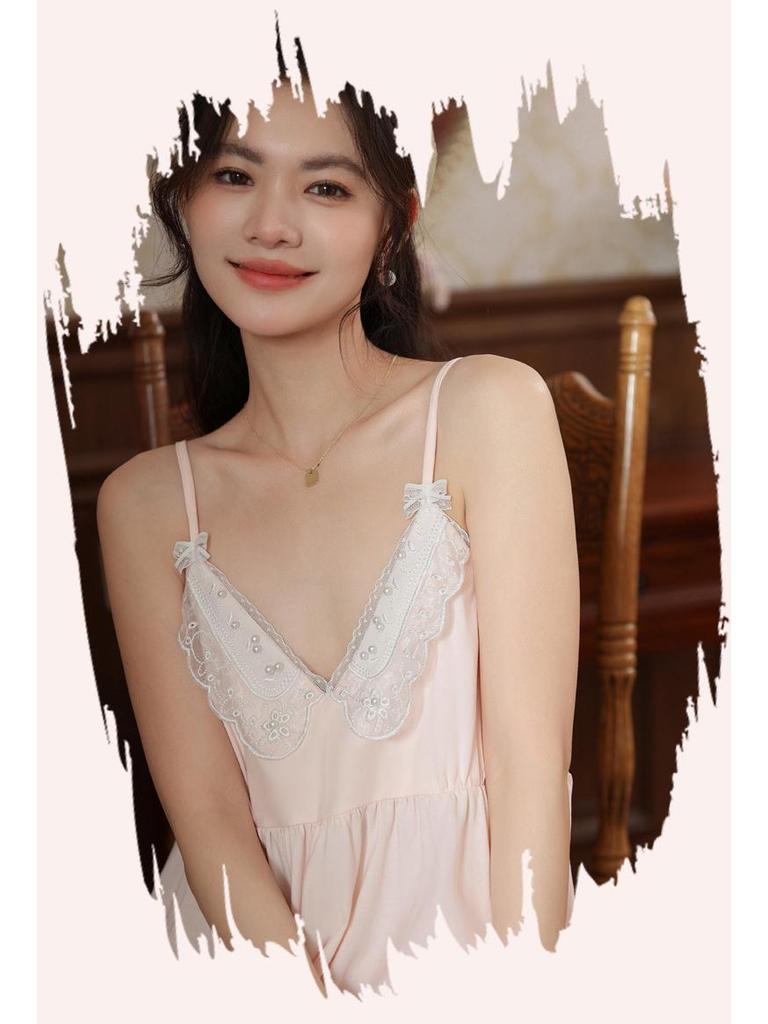 Women's Summer Lace Nightgown with Chest Pad - Wearable As Homewear or Dress