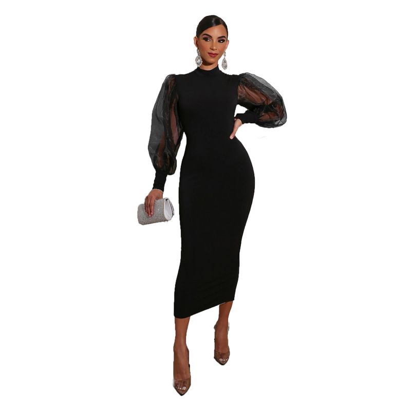 

French Dress Autumn European and American Women clothes Temperament Temperament French style Dress Hepburn Style Gyaru Sling Long dress Black mesh sleeves XXL