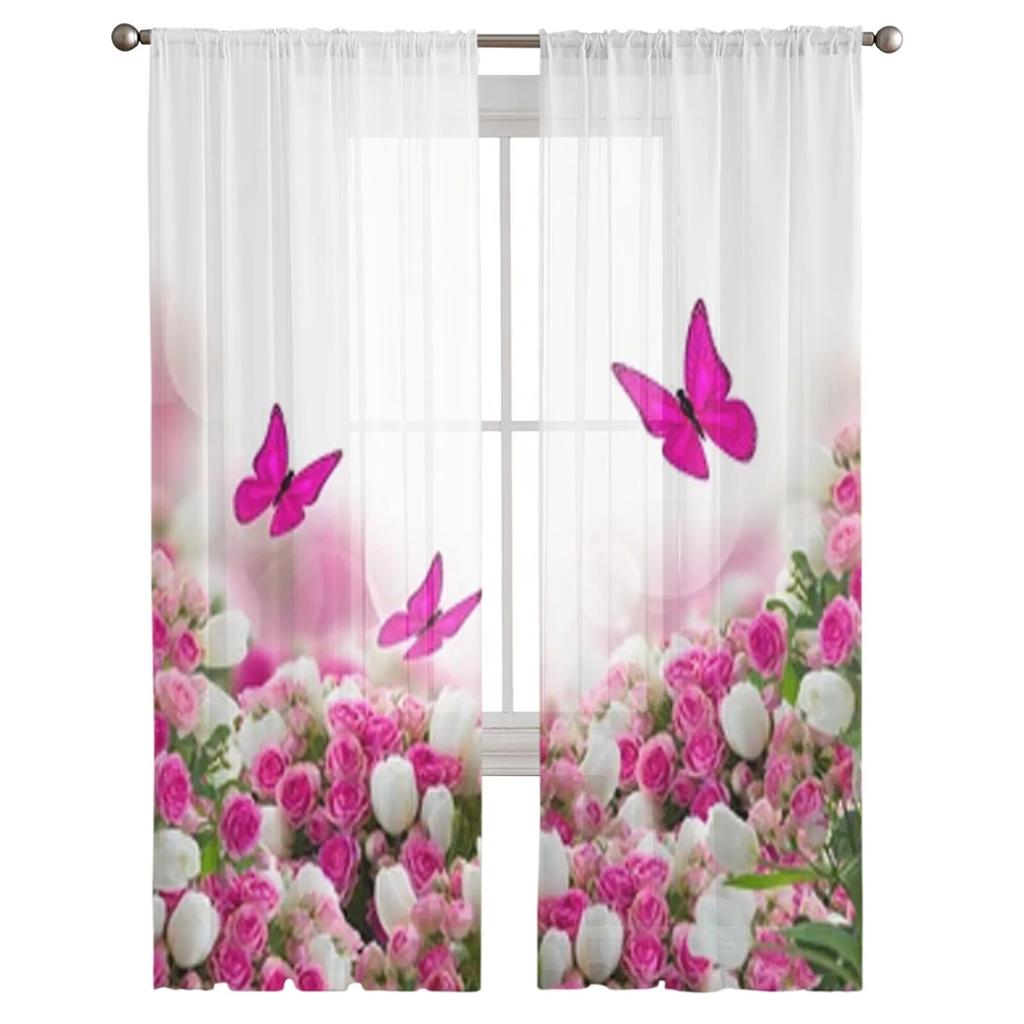 Garten-Rosa-Rosen-Vorhänge, Schlafzimmer-Voile-Vorhang, Wohnzimmer-Fenster, durchsichtige Vorhänge, Küche, Tüll-Vorhänge
