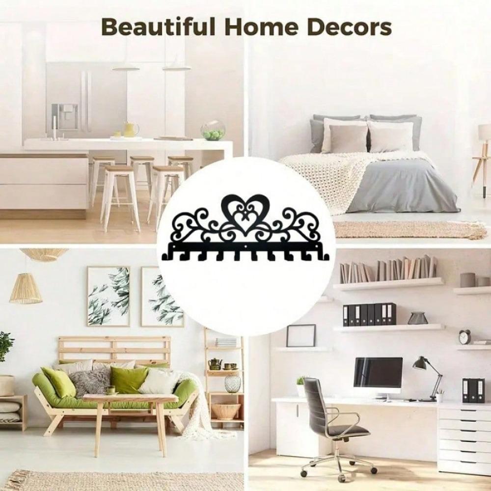 1 buc Organizator elegant de chei cu 10 cârlige, cu design vintage de inimă - Metal rezistent la rugină, soluție simplă de montat pe perete pentru chei