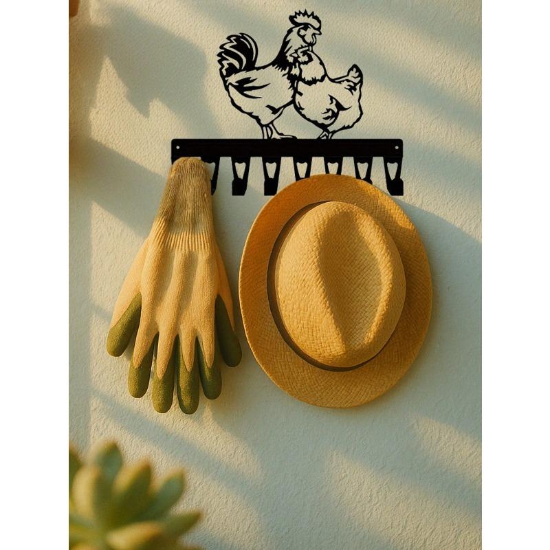 Hand Forged Iron Rooster and Hen Key Holder Wall Decor 8 Hooks Farmhouse Entryway Rustic Chicken Wall Art Animal Lover Gift Vintage Country Home