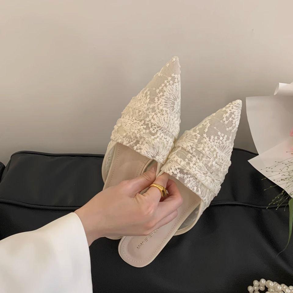 French temperament one-pedal mesh lace bag head half-support sandals 2025 new outer wear celebrity stiletto women's slippers