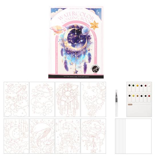 Portable Gouache Painting Book Tri-Fold Design Watercolor Pad Set with 12 Color Grids Ergonomic Brush Stress Relief Art Kit