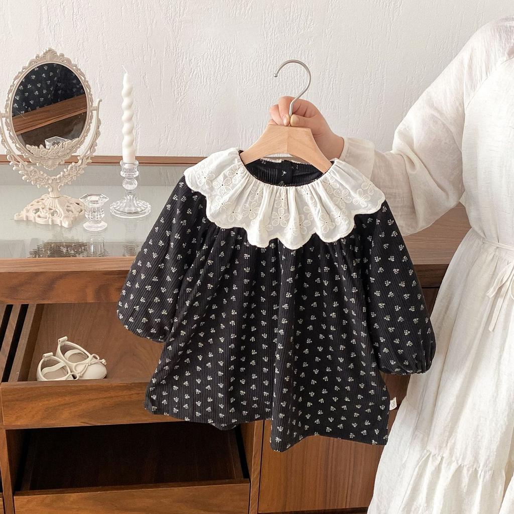 Mädchen lange ärmeln Koreanische version kleid herbst neue retro stil floral kleid kinder spitze revers prinzessin kleid