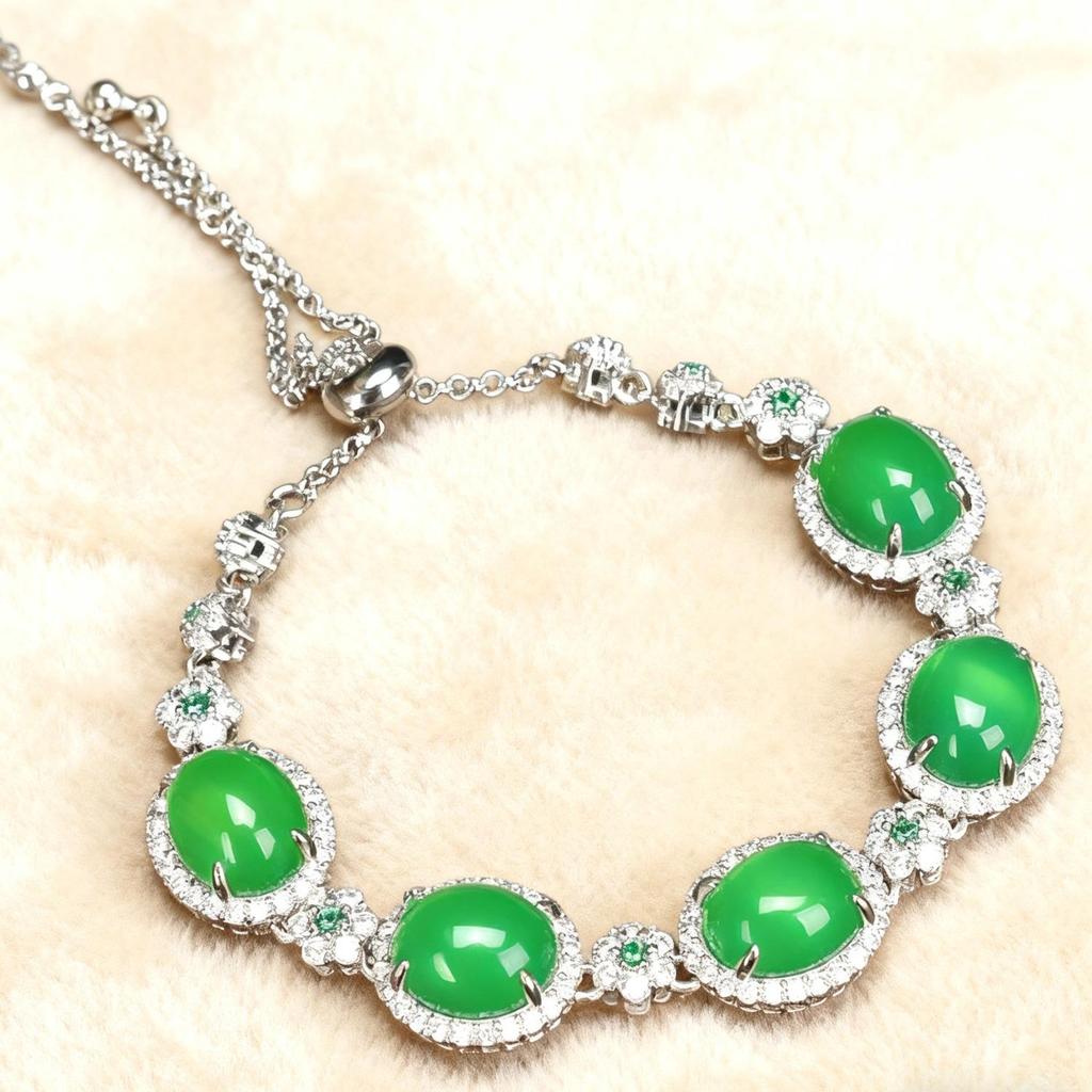 Meiji Green Chalcedony Luxury Jewelry Set: Necklace, Earrings, Ring, Bracelet