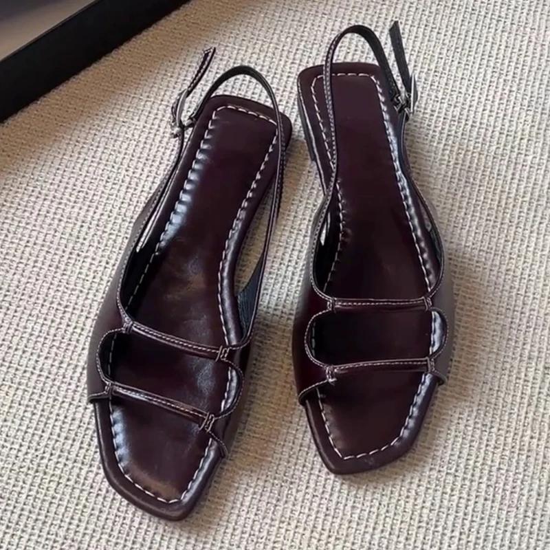 

Fashion Retro Square Toe Buckle Flat Sandals Women Fashion Sewing Slingback Brand Designer Shoes Summer Non-slip Roman Style Beach Shoes 40 коричневый