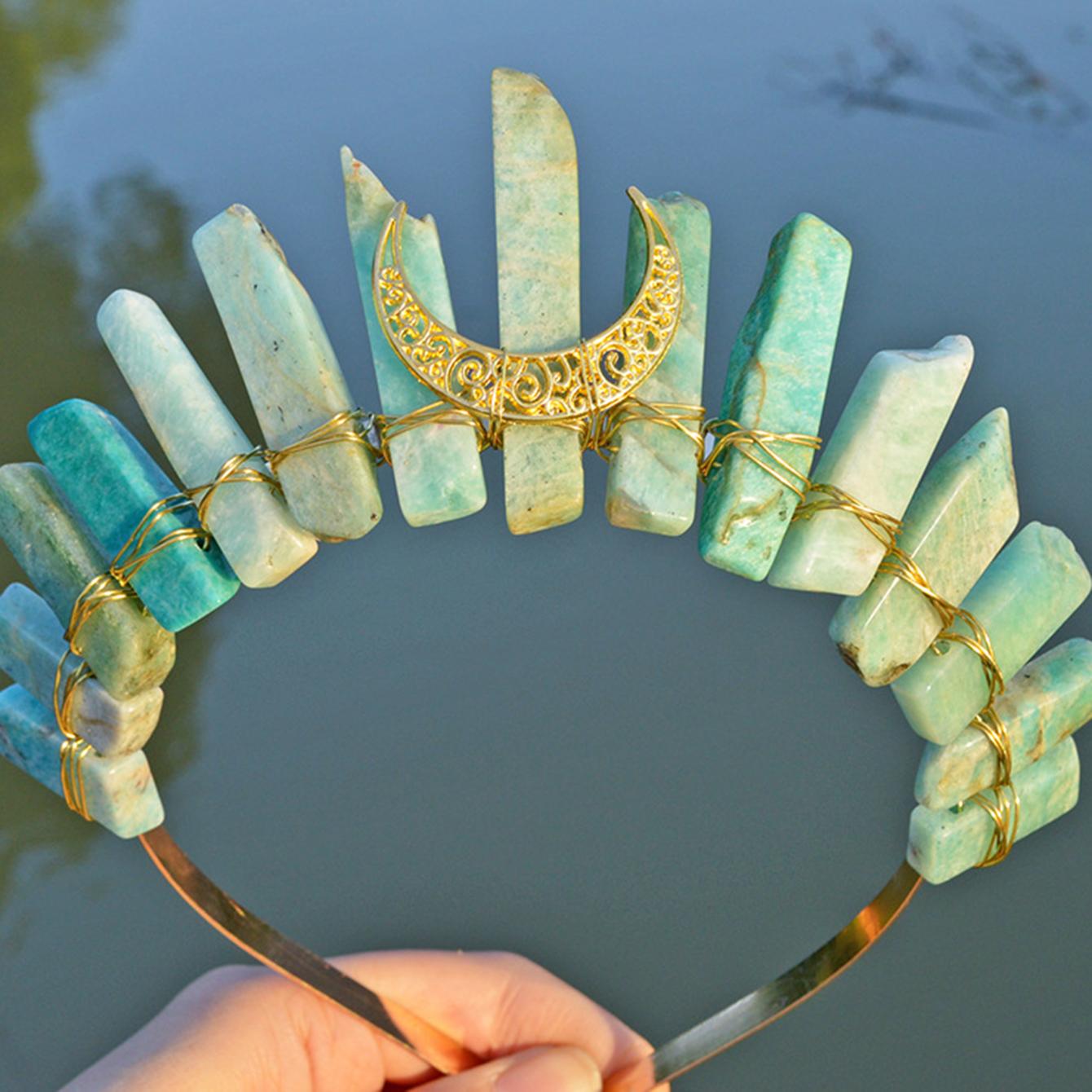 

Тиара из необработанного кристалла, повязка на голову с короной, натуральный кварц, головной убор богини Луны и ведьмы для викканского косплея, вечерние головные уборы