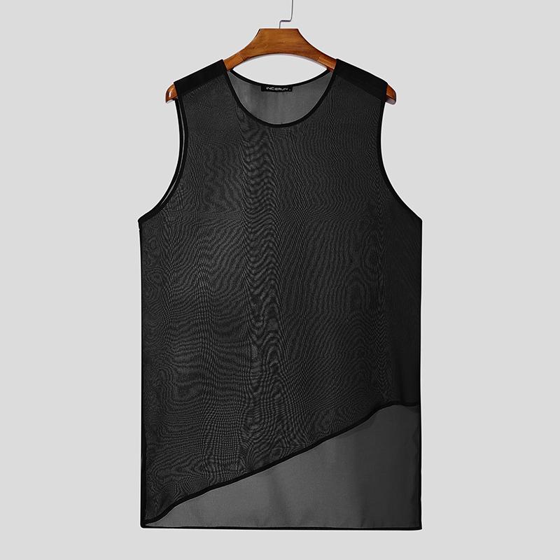 INCERUN Men O Neck Sleeveless See Through Irregular Mesh Sheer Long Tank Tops