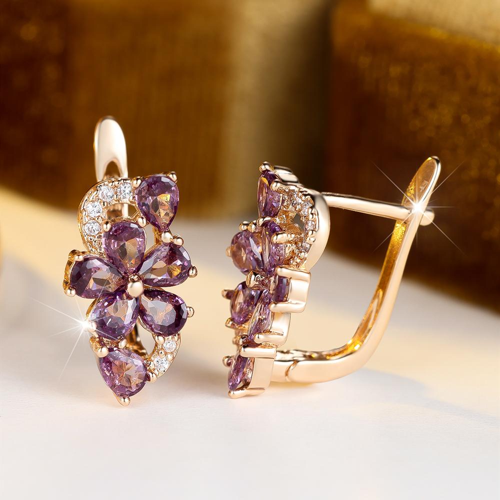 Exquisite Blue Green Purple Pink Zircon Flowers Drop Earrings for Women Gold Color Wedding Party Jewelry Gift