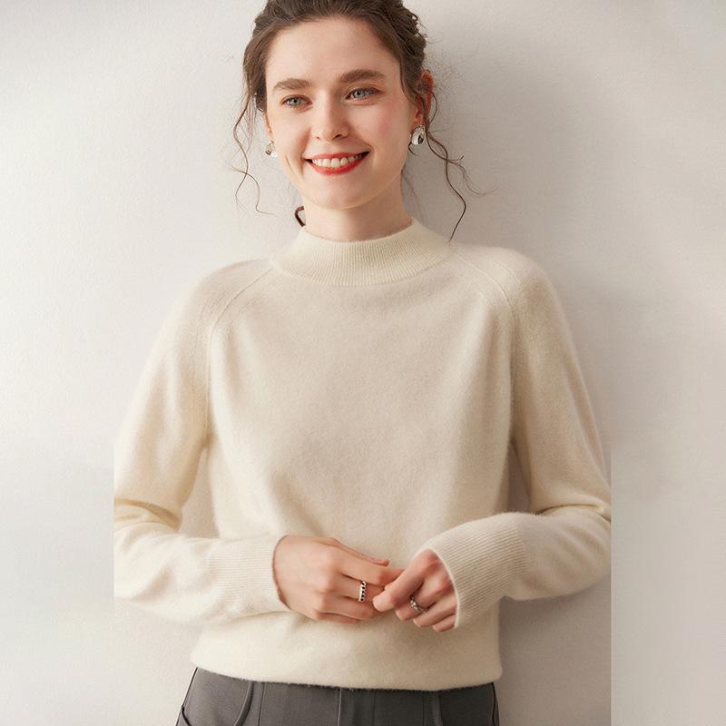 Pullover Sweater: Double-Layer Cashmere, Half-High Collar, Simple Knit Design