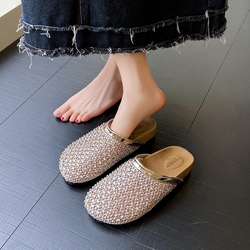 2025 summer rhinestone full diamond slippers breathable fishing net hollow bag head half slippers wear flat sandals