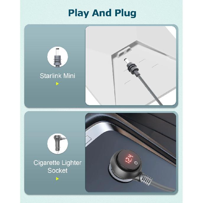 Starlink Mini Power Cable 10FT 12V Car Adapter for Starlink Mini | With Switch & Digital Voltage Display, Starlink Mini Cable Cigarette Lighter