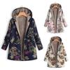 Flower Leaf Printed Women Autumn Winter Warm Hooded  Coat Zipper Overcoat