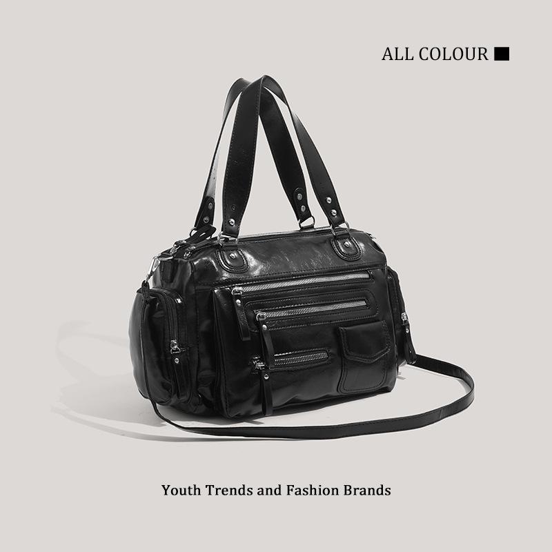 Black Retro Zipper Locomotive Bag New Casual Soft Handbag College Style Shoulder Messenger Bag