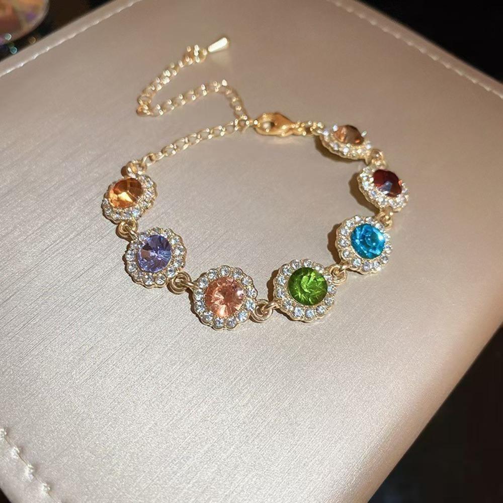 Adjustable Rainbow Rhinestone Bracelet Shiny Colorful Hand Chain Elegant Zircon Bracelet  Gifts