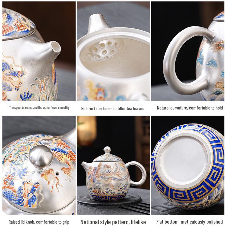 Luxury Dragon & Phoenix Silver-Plated Tea Set: One Pot, Two Cups, Dragon Egg Infuser, Gift Box Included