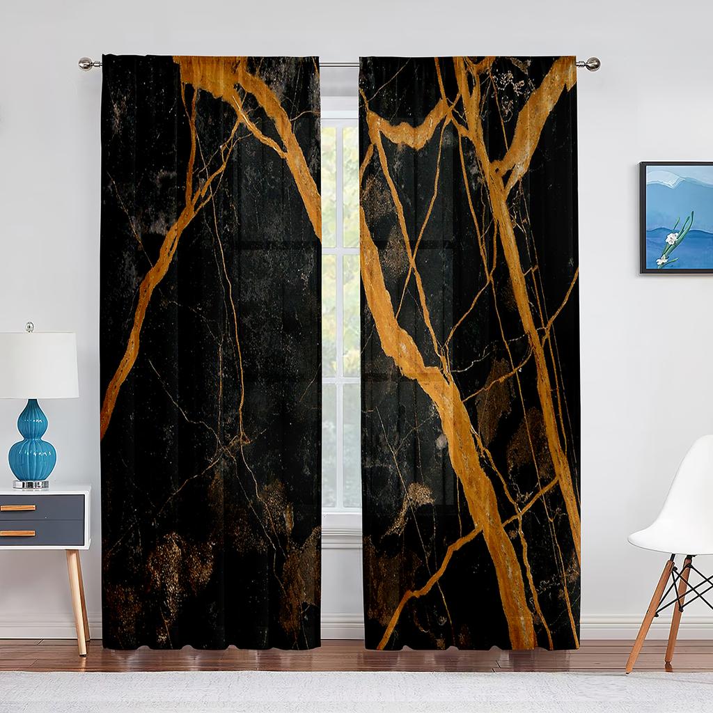 Marmor Guld Grå för Kök Vardagsrum Sovrum Inredning Abstrakt Modern Lyx Geometrisk Chiffong Tyll Gardiner Fönsterbehandling