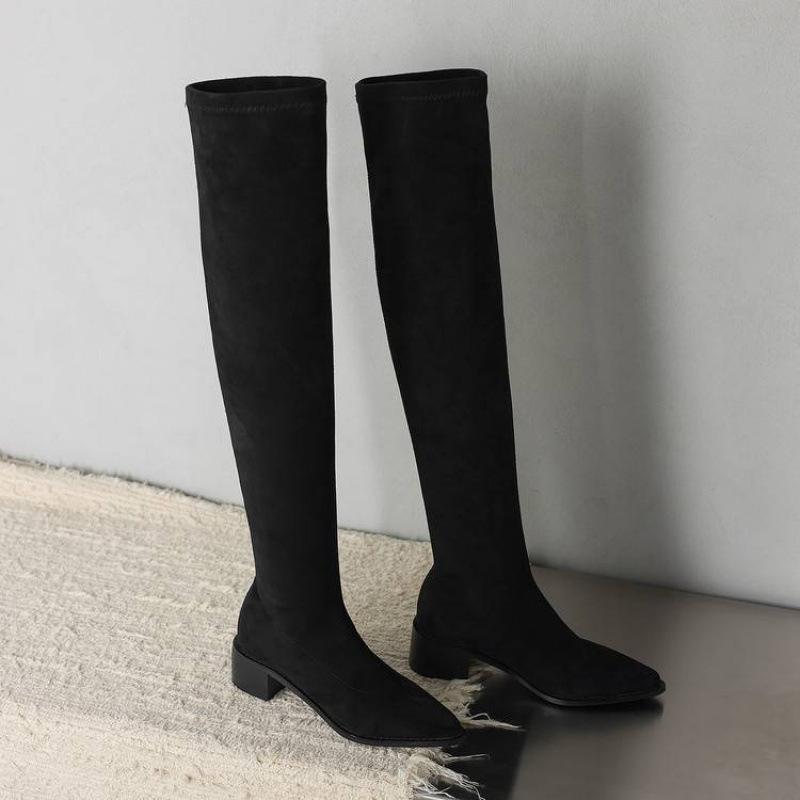 

Korean version elastic suede large size women s boots sleeve black medium heel pointed head square heel rubber sole knee boots new boots 39 чорний