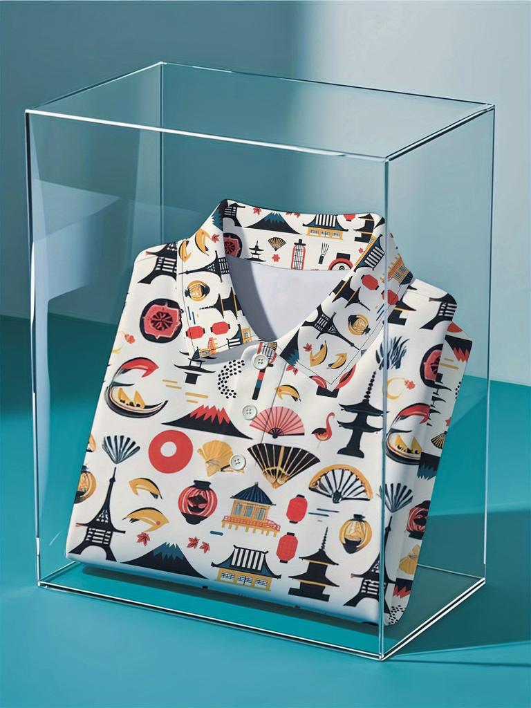 Men's Short Sleeve Polo Shirt with Flat Digital Print Pattern - No Texture