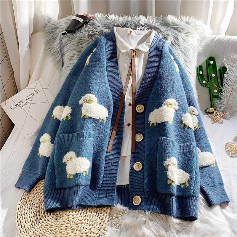 2024 Autumn Women's Lamb Pattern Loose Knit Cardigan - Thickened Knit Outerwear
