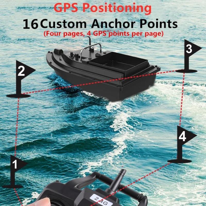 Barco de Isca RC à Prova d'Água de Alta Velocidade com Controle Remoto 2KG de Carga 500M Cruzeiro de Velocidade Fixa Luz Noturna Barco de Pesca RC GPS Barco de Isca e Alimentação de Anzol