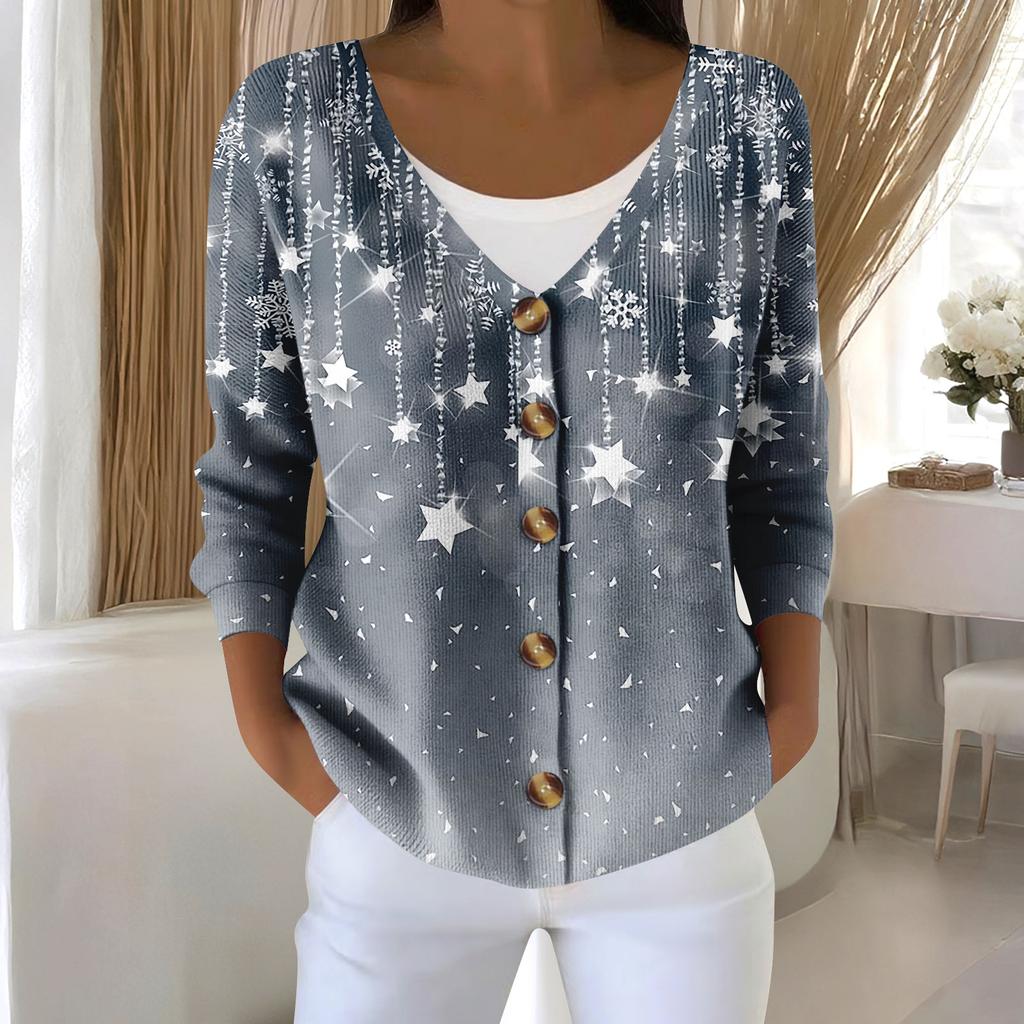 Damemote Langermet Christmas Snowman Snowflake Print Jakke Cardigan