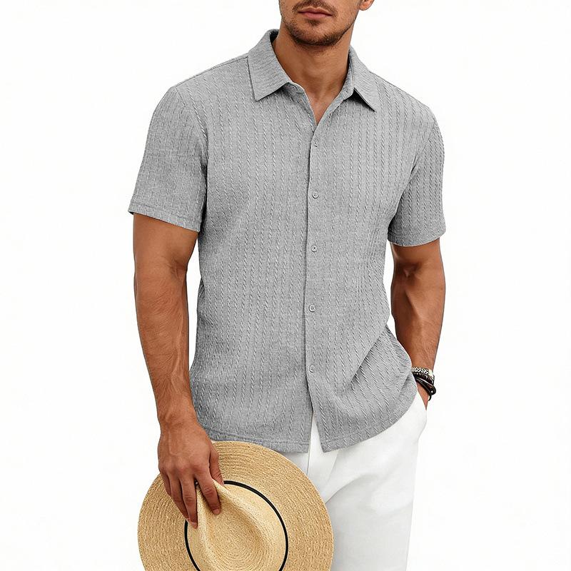 Mens Summer Casual Short Sleeve Knit Shirt Textured Pattern For Vacation Commute S серый