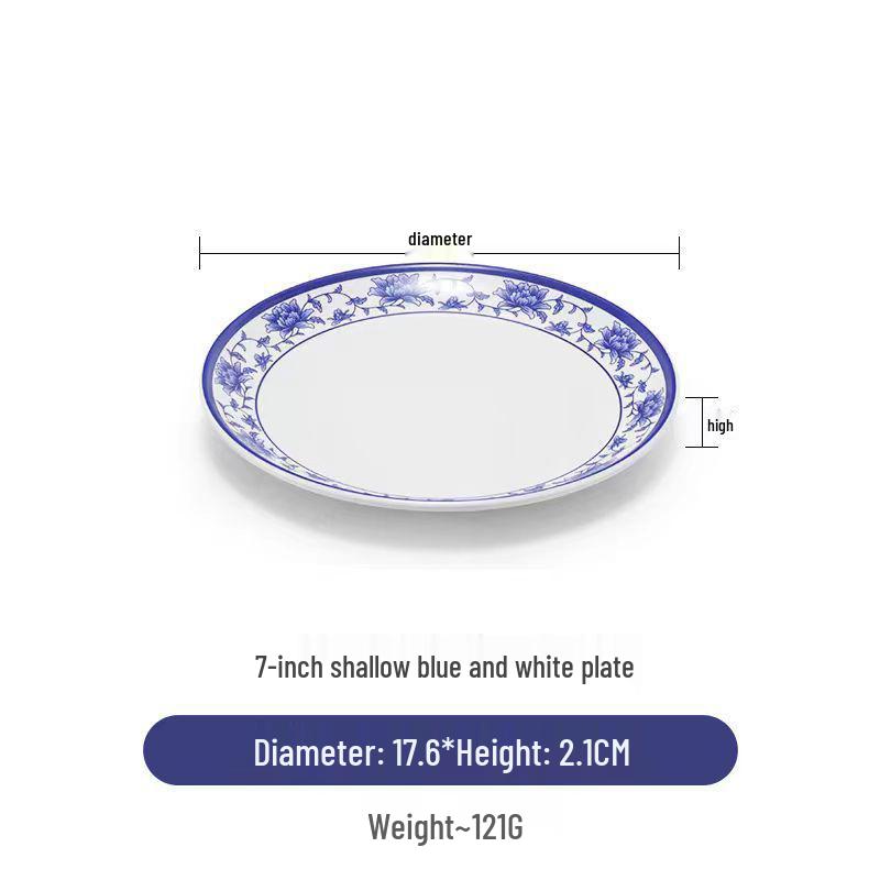 Plato redondo de melamina azul y blanca - Imitación de porcelana gruesa, ideal para salteados, arroz y uso en restaurantes.