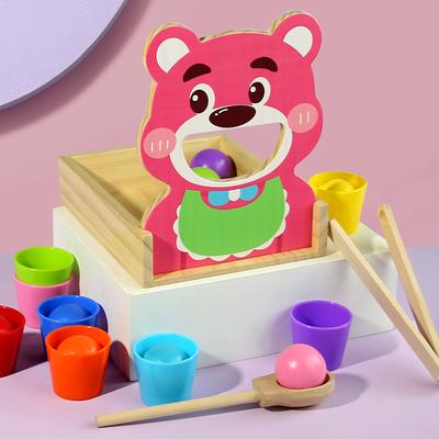 Simulated Bear Feeding Game Montessori Wooden Toy Spoon Training Toy for Early Education Color Classification Cup Stacking