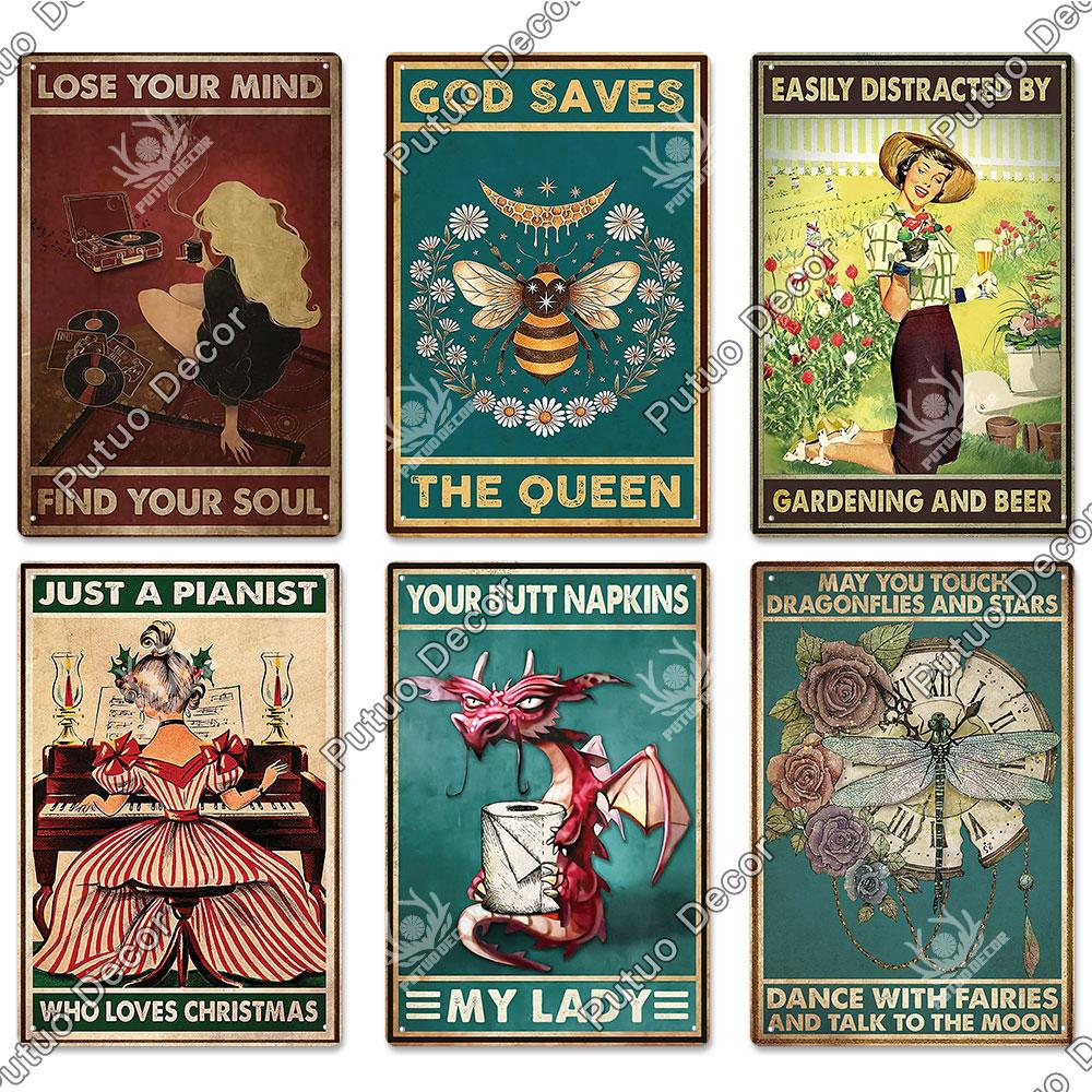 Putuo Decor Funny Cat Tin Sign Girls Flowers Vintage Plaque Metal Sign Retro Skeleton for Garden Farm Home Decoration Wall Decor