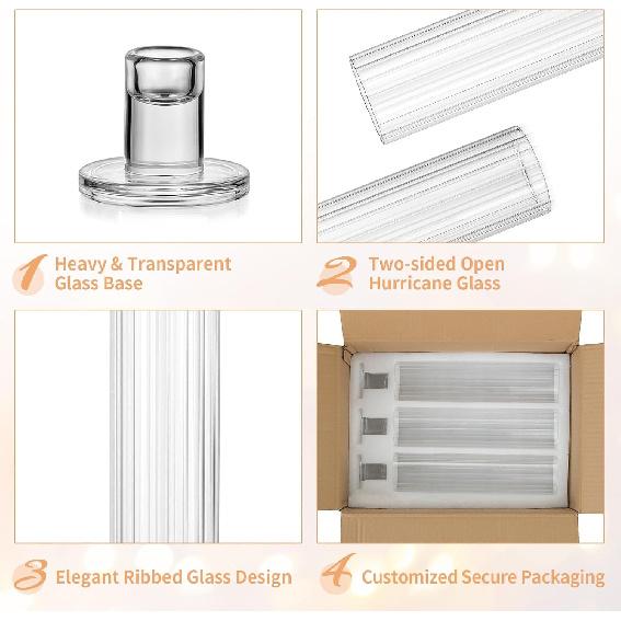 NUPTIO Taper Candle Holders for Centerpiece: Ribbed Hurricane Glass Candlestick Holder - Set of 6 Windproof Fluted Candle Stick Stand for Fall