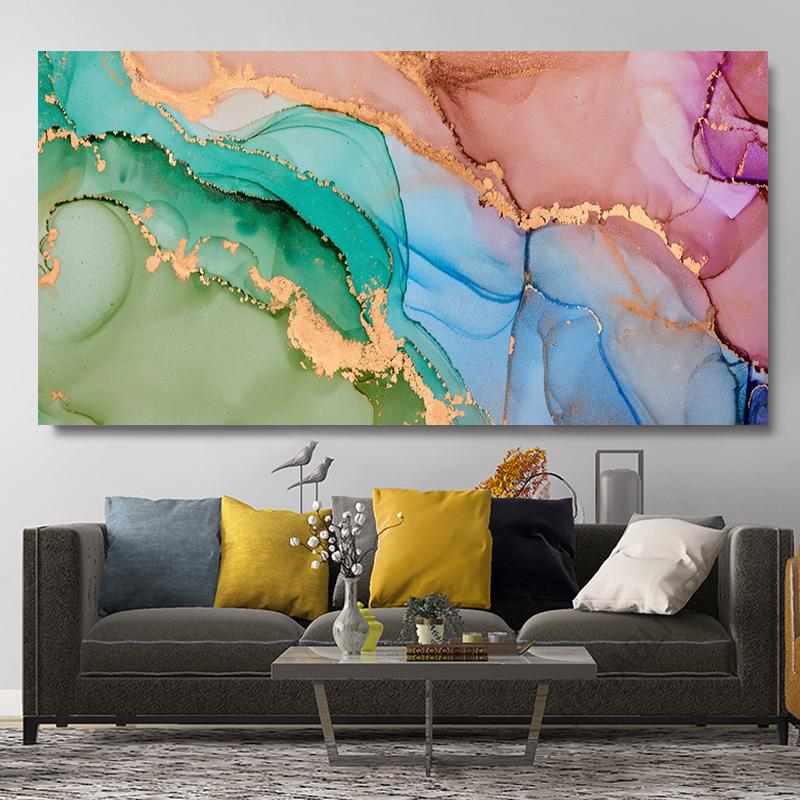 Luxury Abstract Gold Fluid Art Canvas Painting Colorful Ink Art Posters and Prints Marble Texture Wall Art Living Room Decor