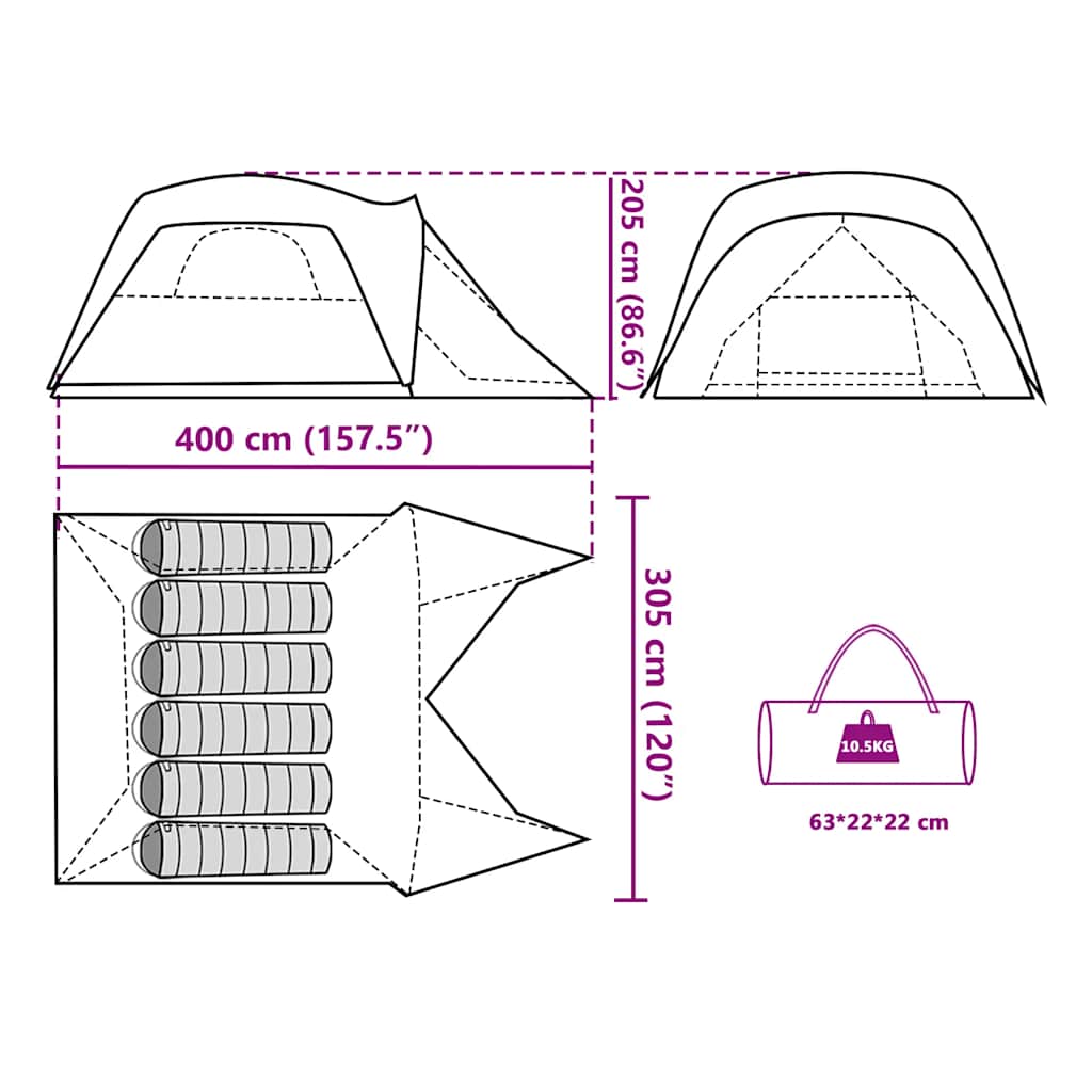 Family Tent with Porch for 6 Persons Blue Waterproof